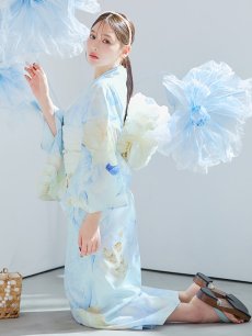 画像3: 【予約 / 5月中旬発送予定】ベビーブルー牡丹＆紫陽花浴衣 OBI-siwa-200-kj-13-OW / HIMO-906-yn-PEARL / HEKO-800-sb-5-W / YA-1079-kj-7-W / GETA-01-kj-4-MI / [y/OF01] (3)